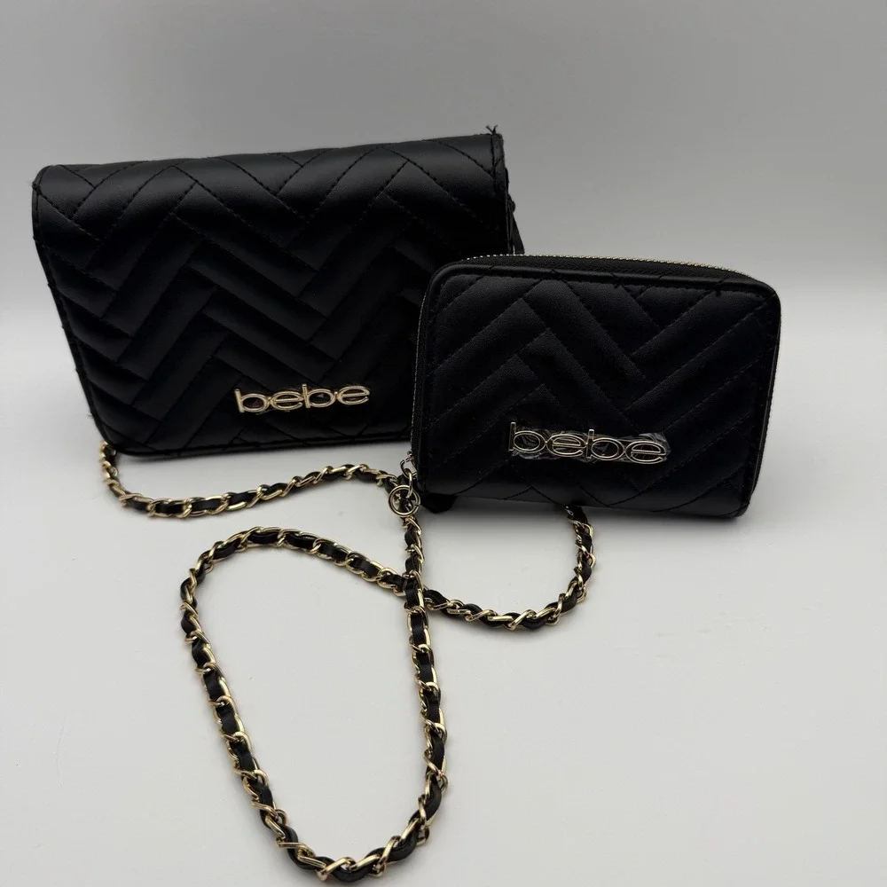 Set 2‎ Bebe Crossbody Black  Purse With Wallet Chain  Strap Logo Mob Wife Gold